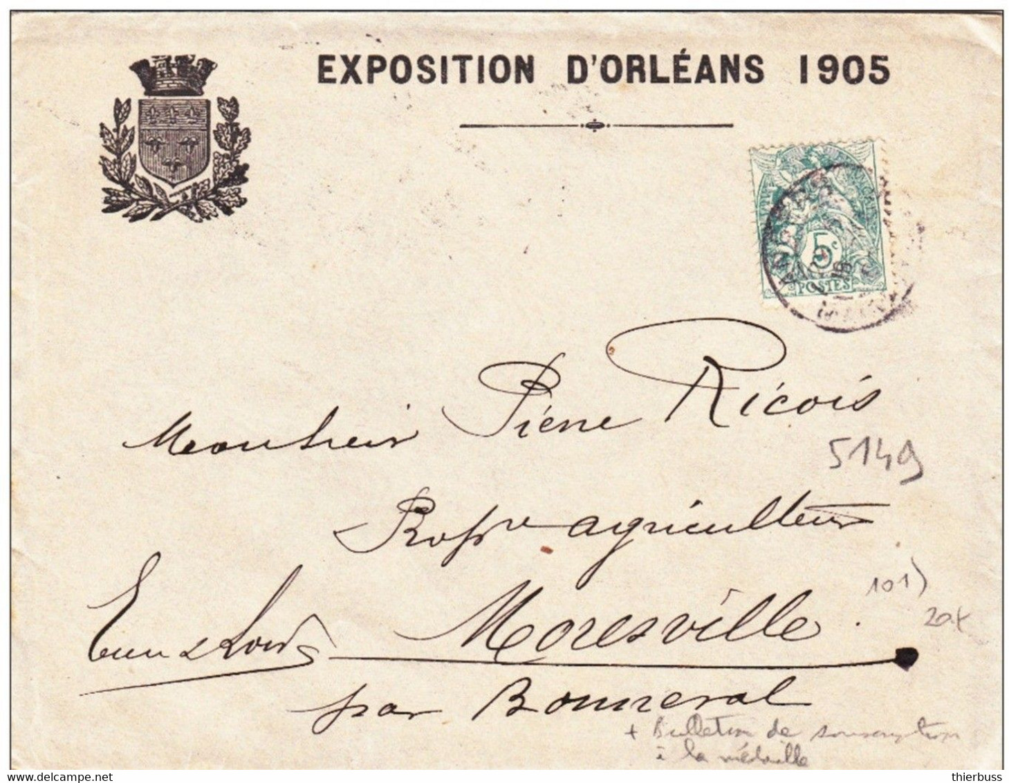 Lettre Blanc 5ct Entête Exposition D'orléans 1905 Avec Bulletin De Souscription Medaille Du Graveur Bonnefond - 1900-29 Blanc