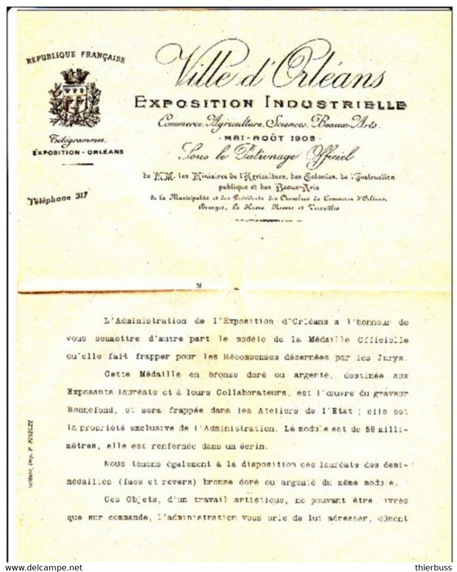 Lettre Blanc 5ct Entête Exposition D'orléans 1905 Avec Bulletin De Souscription Medaille Du Graveur Bonnefond - 1900-29 Blanc