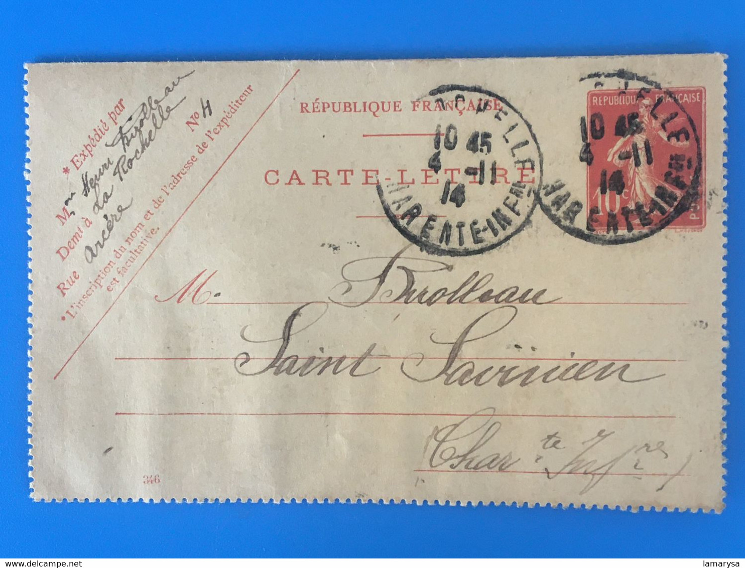 Timbre Type Semeuse 10c Oblitéré Entiers Postaux Enveloppe Repiquage1914 La Rochelle-☛Saint-Savinien 17 Char Marcophilie - Buste Ristampe (ante 1955)