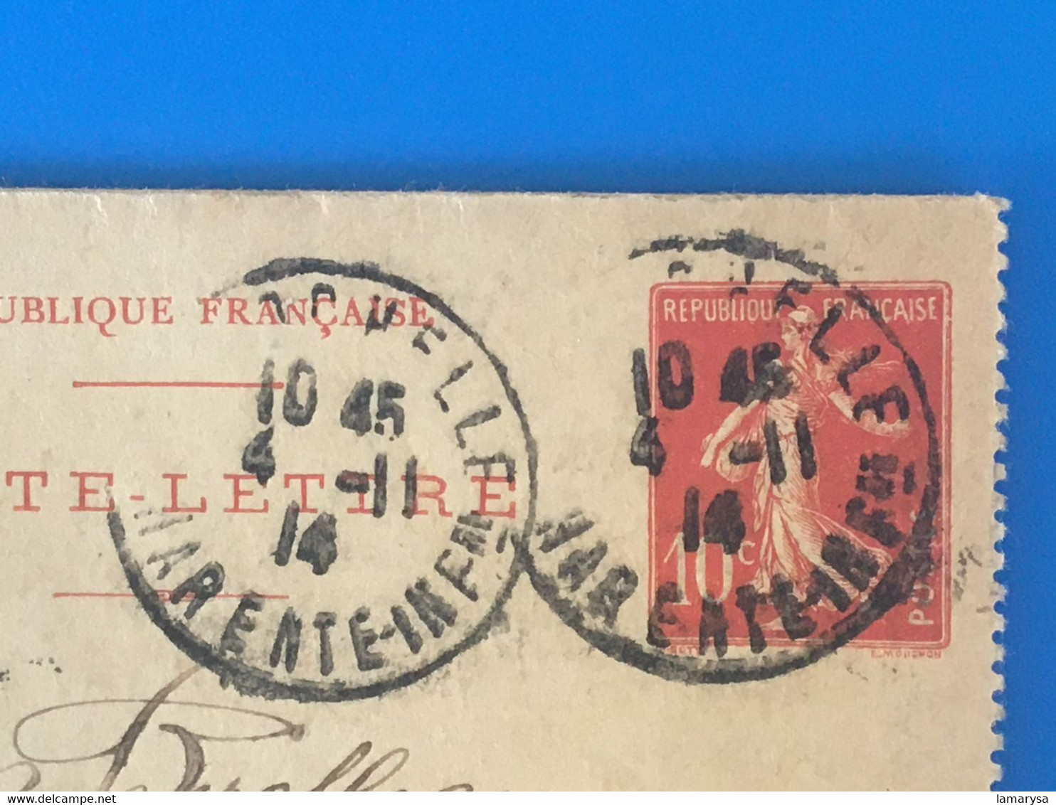 Timbre Type Semeuse 10c Oblitéré Entiers Postaux Enveloppe Repiquage1914 La Rochelle-☛Saint-Savinien 17 Char Marcophilie - Enveloppes Repiquages (avant 1995)