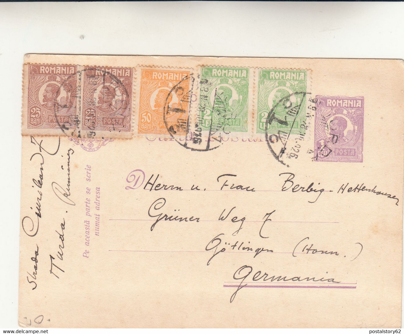 Romania, Cartolina Intero Postale Per Gottingen Germania 1926 - Andere & Zonder Classificatie