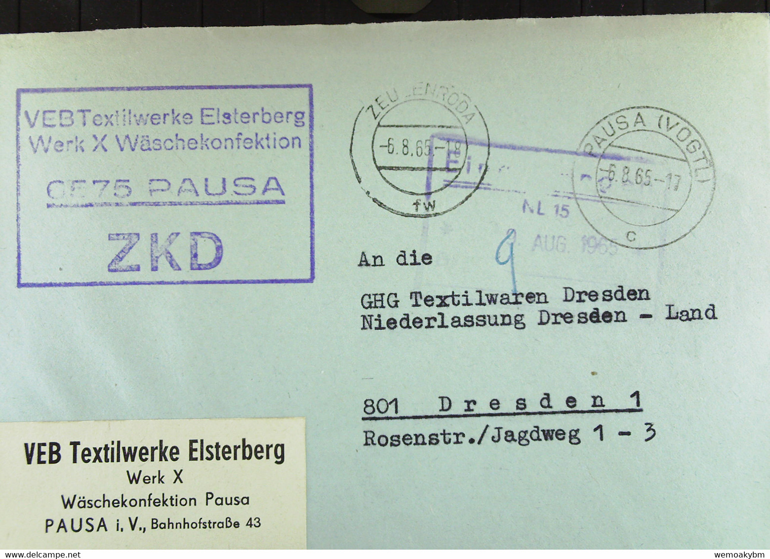 Fern-Brief Mit ZKD-Kastenst. "VEB Textilwerke Elsterberg Werk X Wäschekonf 6575 PAUSA" 6.8.65 An GHG Textilwaren Dresden - Brieven En Documenten