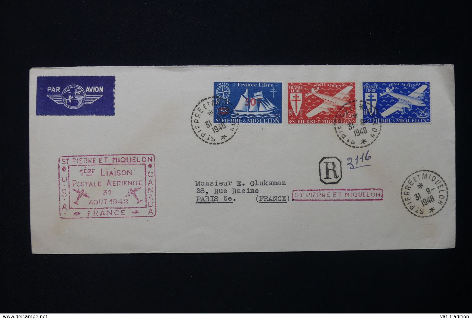ST PIERRE ET MIQUELON - Enveloppe En Recommandé Pour Paris Par 1er Vol En 1948 - L 82284 - Covers & Documents