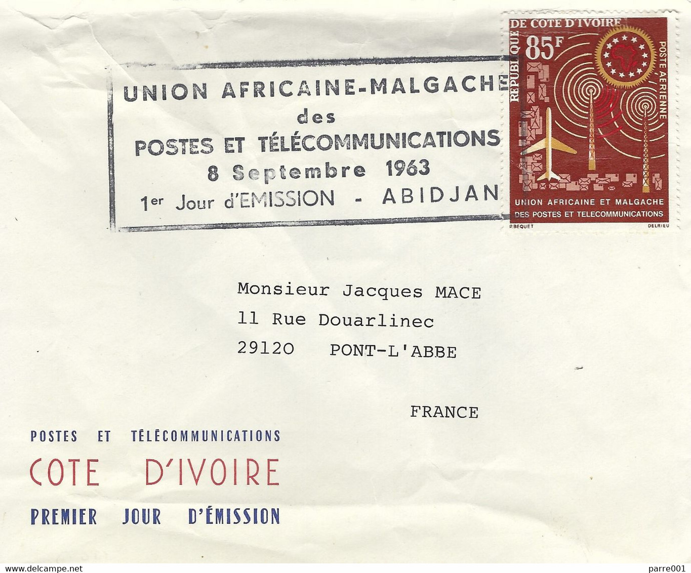 Cote D'Ivoire 1963 Abidjan African Madagascar Postal Union FDC Cover - Emissioni Congiunte