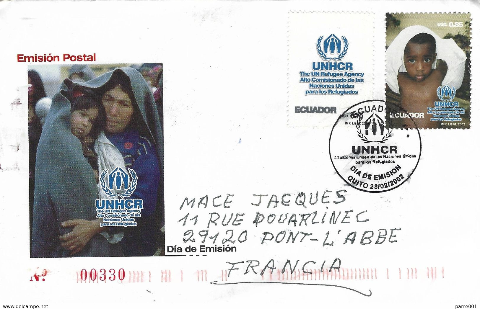 Ecuador 2002 Quito UNHCR Refugees Forest Indigenous Indians FDC Cover - Refugiados