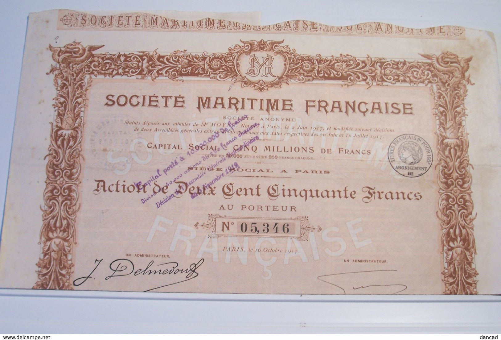 SOCIETE  MARITIME   FRANCAISE  -   ACTION DE DEUX CENT CINQUANTE FRANCS AU PORTEUR   ( N° 5346 ) 1917 - Navegación
