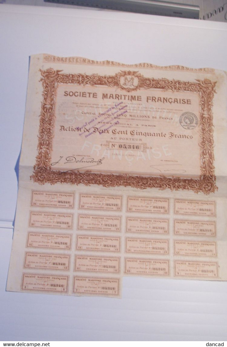 SOCIETE  MARITIME   FRANCAISE  -   ACTION DE DEUX CENT CINQUANTE FRANCS AU PORTEUR   ( N° 5346 ) 1917 - Navigation