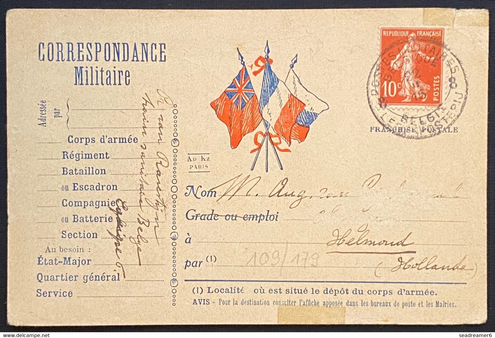 Carte Militaire Française Semeuse N°138 Obl 8 POSTES MILITAIRES BELGIQUE 8 Du 22 Nov 1915 Pour La Hollande TTB - Army: Belgium