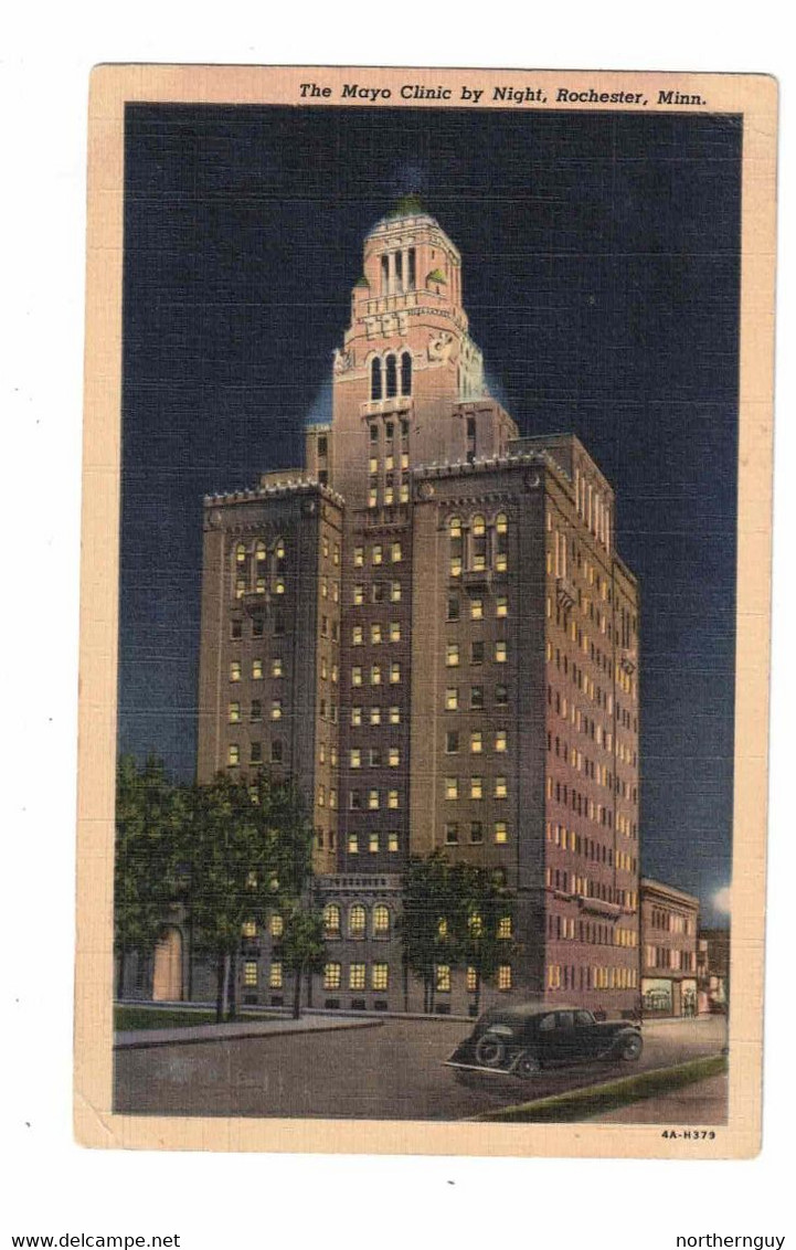 ROCHESTER, Minnesota, USA, The Mayo Clinic At Night, Old Linen Postcard - Rochester