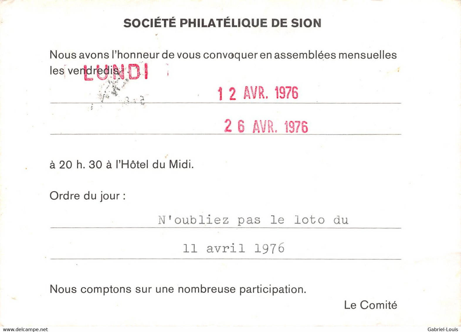 Société Philatélique De Sion - Cachet Ernen 1976 - Autres & Non Classés