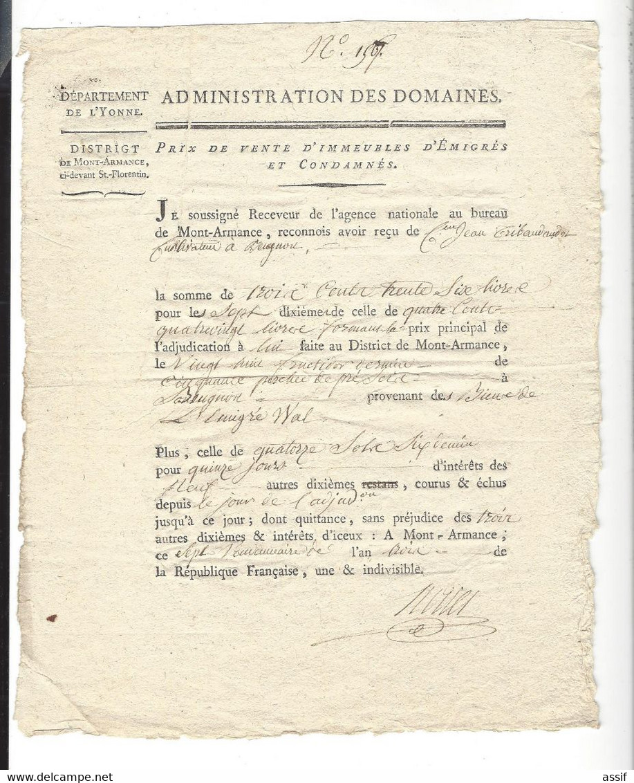 Beugnon  Mont Armance Yonne ) Vente Biens D'émigrés Et Condamnés ( émigré Wal ) - Documents Historiques