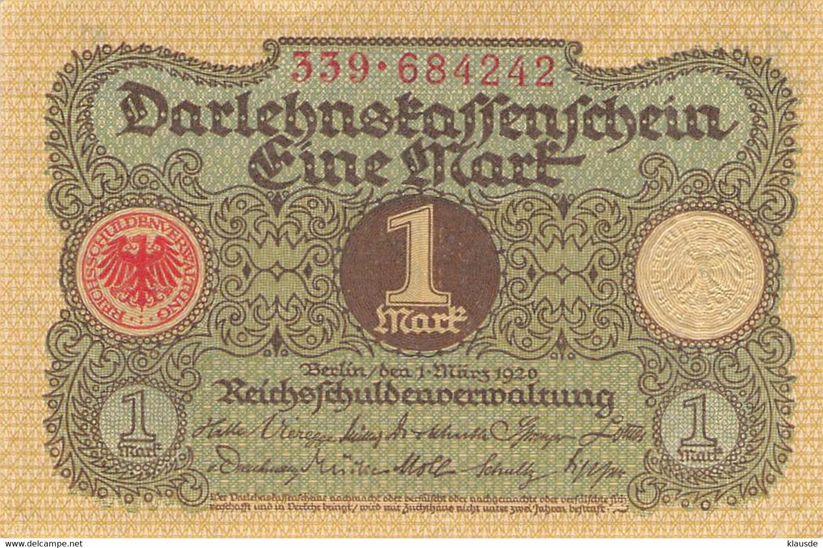 1 Mark 1920 Deutsche Reichsbanknote Au/EF (II)  Darlehenskassenschein - 1 Mark