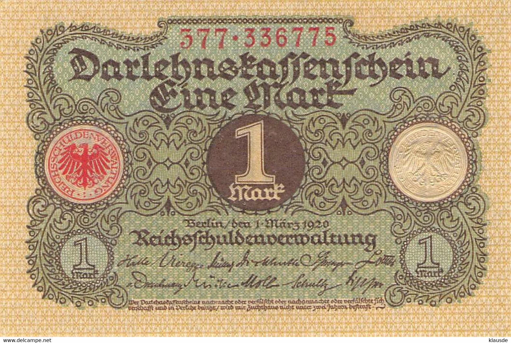 1 Mark 1920 Deutsche Reichsbanknote AU/EF (II)  Darlehenskassenschein - 1 Mark