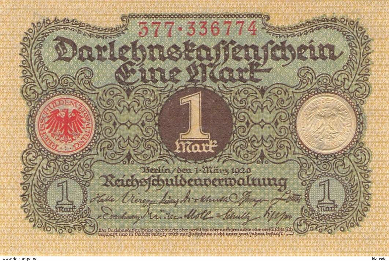 1 Mark 1920 Deutsche Reichsbanknote AU/EF (II)  Darlehenskassenschein - 1 Mark