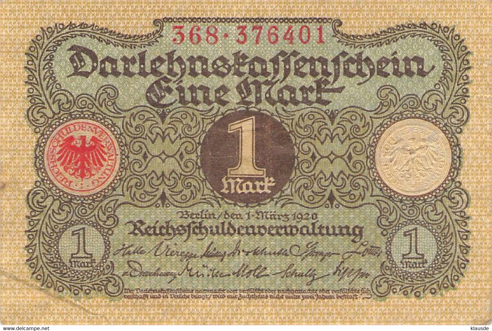 1 Mark 1920 Deutsche Reichsbanknote AU/EF (II)  Darlehenskassenschein - 1 Mark