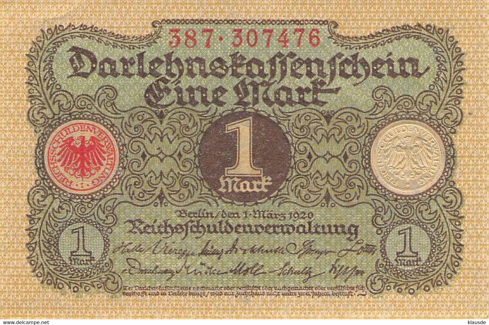 1 Mark 1920 Deutsche Reichsbanknote AU/EF (II)  Darlehenskassenschein - 1 Mark