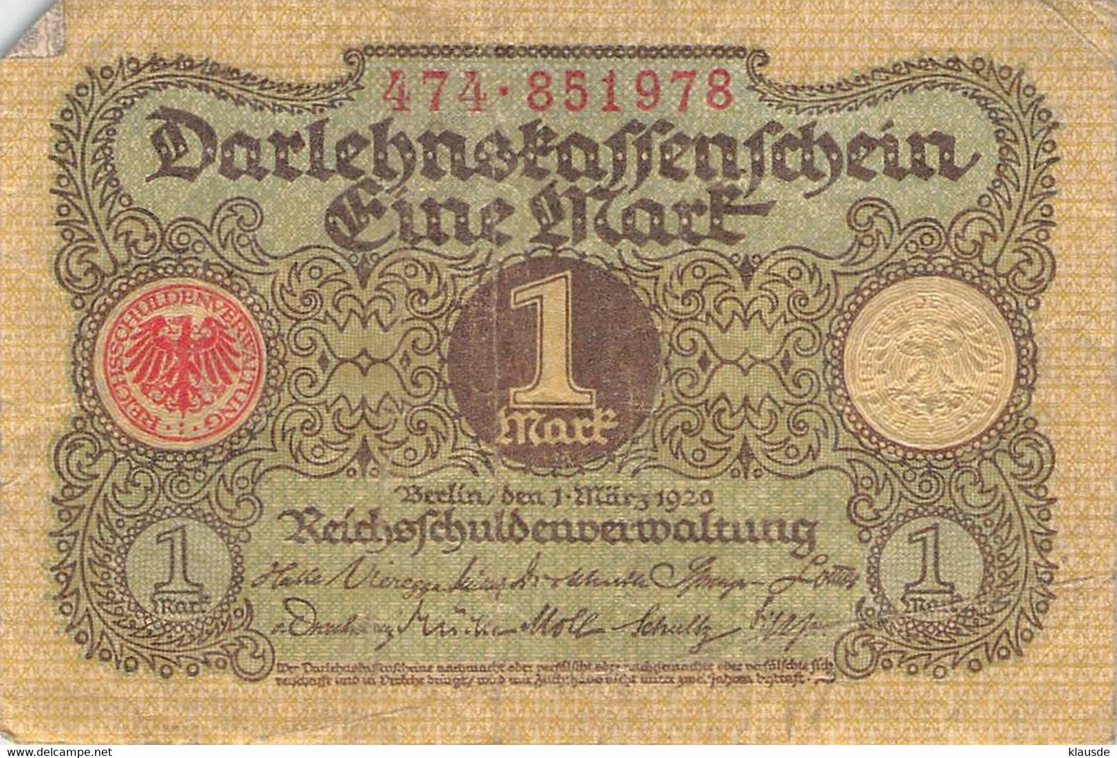 1 Mark 1920 Deutsche Reichsbanknote VF/F (III)  Darlehenskassenschein - 1 Mark