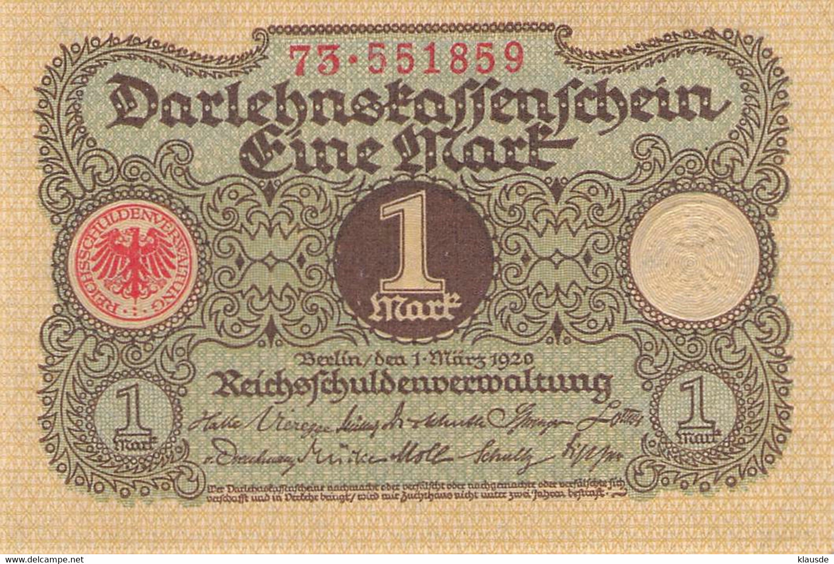 1 Mark 1920 Deutsche Reichsbanknote AU/EF (II)  Darlehenskassenschein - 1 Mark