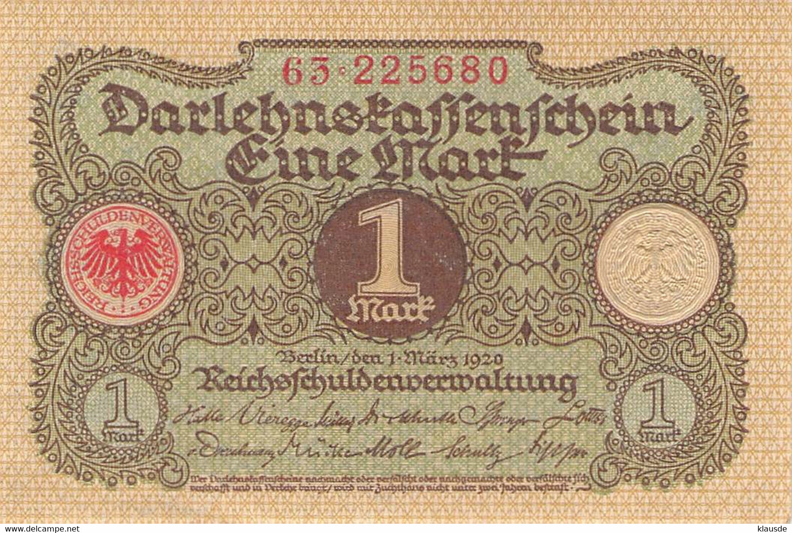 1 Mark 1920 Deutsche Reichsbanknote AU/EF (II)  Darlehenskassenschein - 1 Mark