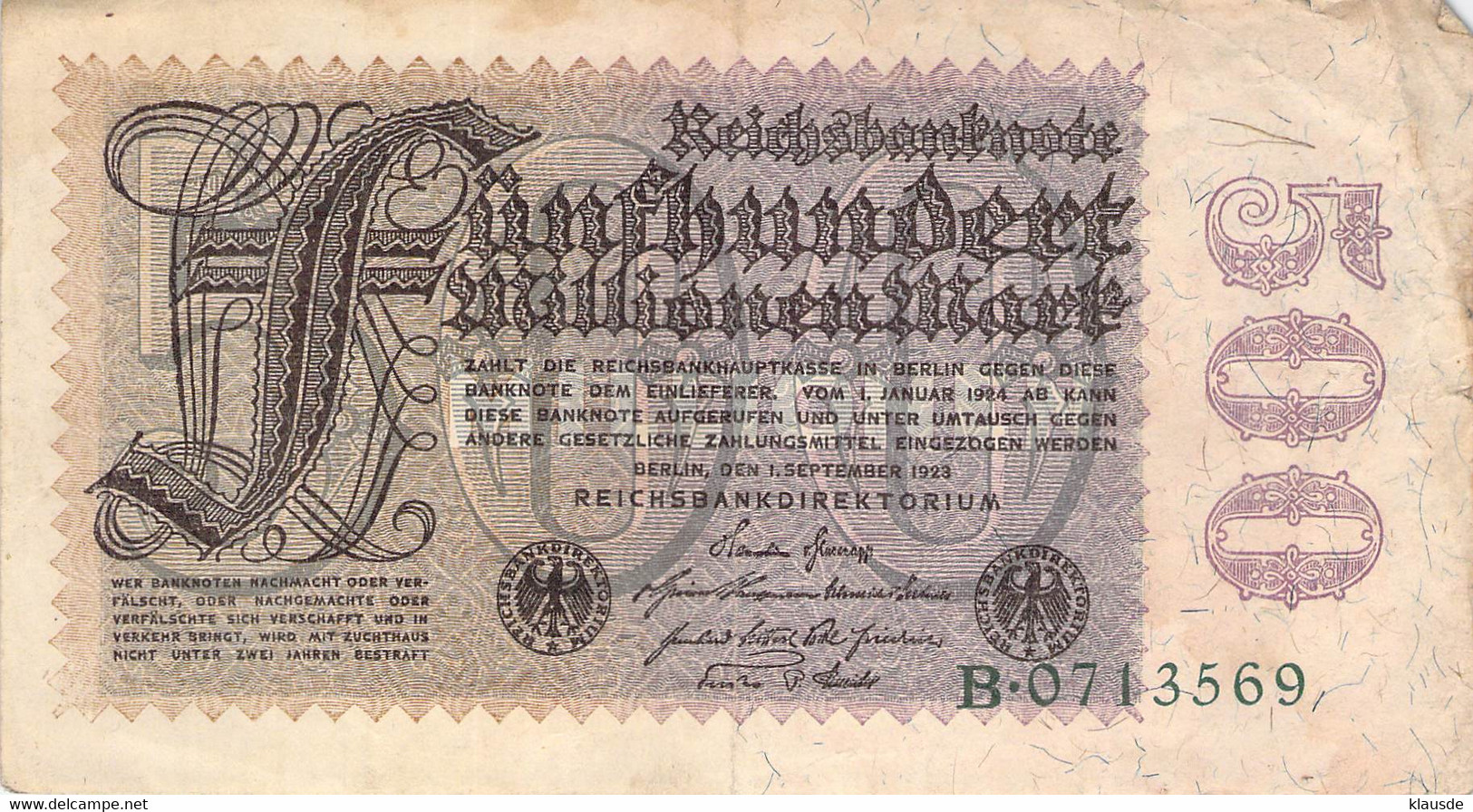 500 Mio Mark Reichsbanknote VF/F (III) - 500 Miljoen Mark