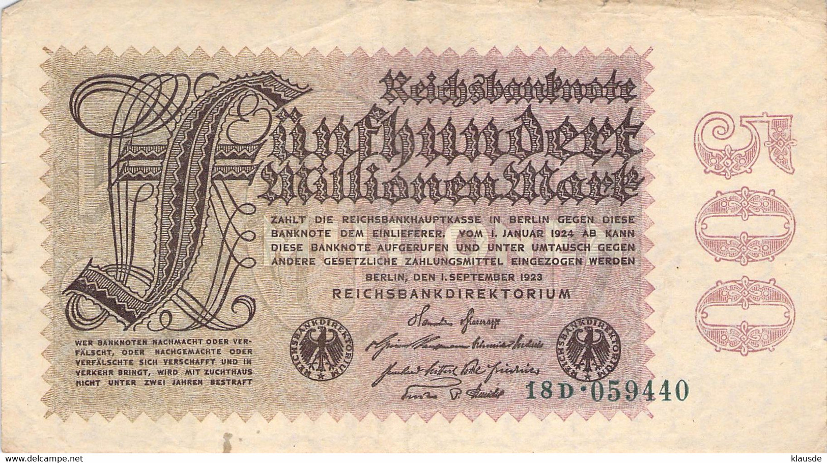 500 Mio Mark Reichsbanknote VF/F (III) - 500 Millionen Mark