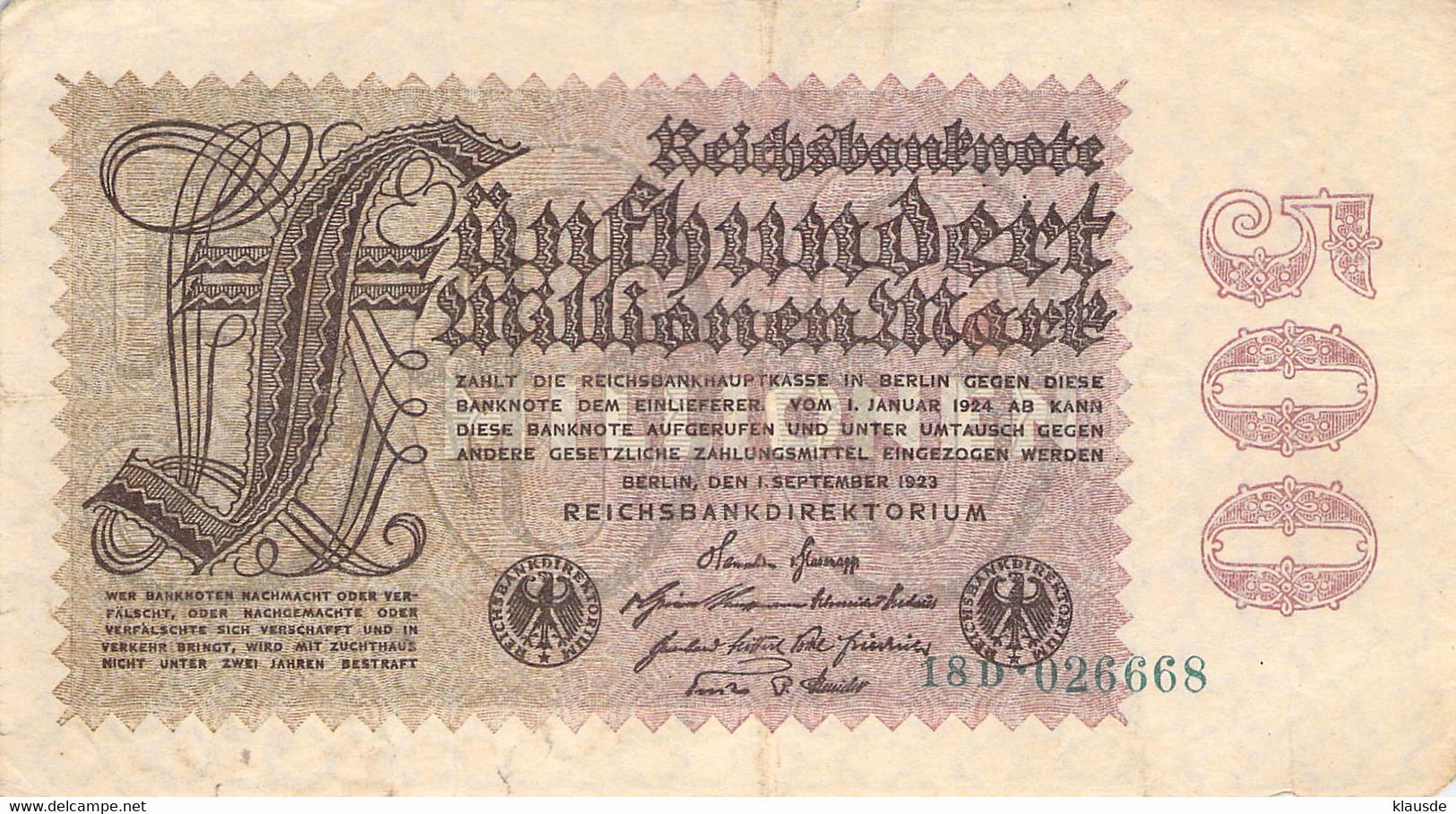 500 Mio Mark Reichsbanknote VF/F (III) - 500 Millionen Mark