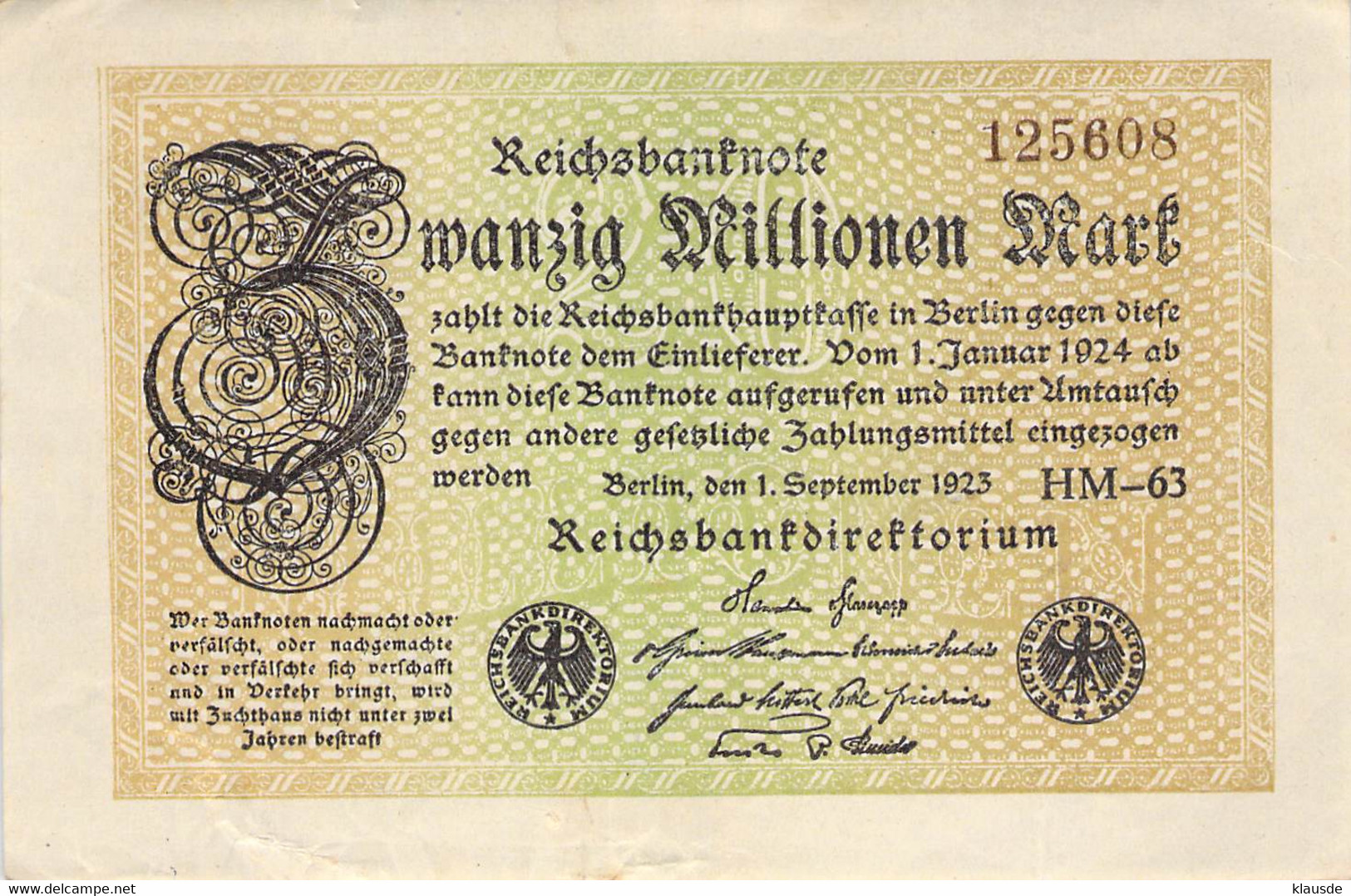 20 Mio Mark Reichsbanknote VF/F (III) - 20 Millionen Mark