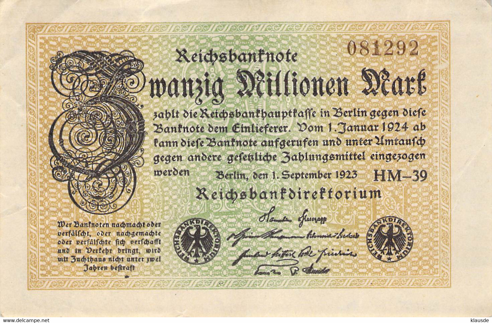 20 Mio Mark Reichsbanknote VF/F (III) - 20 Mio. Mark