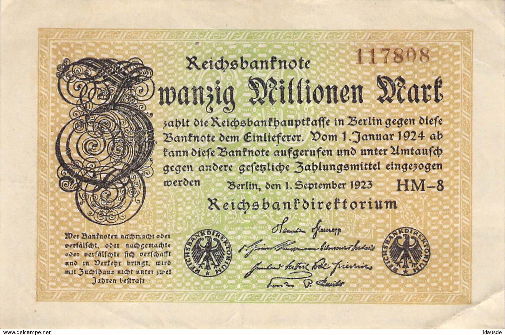 20 Mio Mark Reichsbanknote VF/F (III) - 20 Mio. Mark