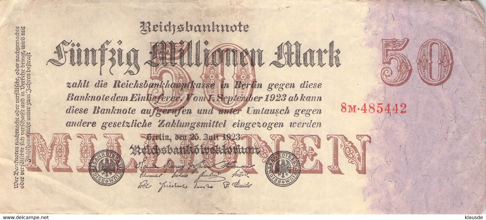 50 Mio Mark Reichsbanknote VF/F (III) - 50 Miljoen Mark