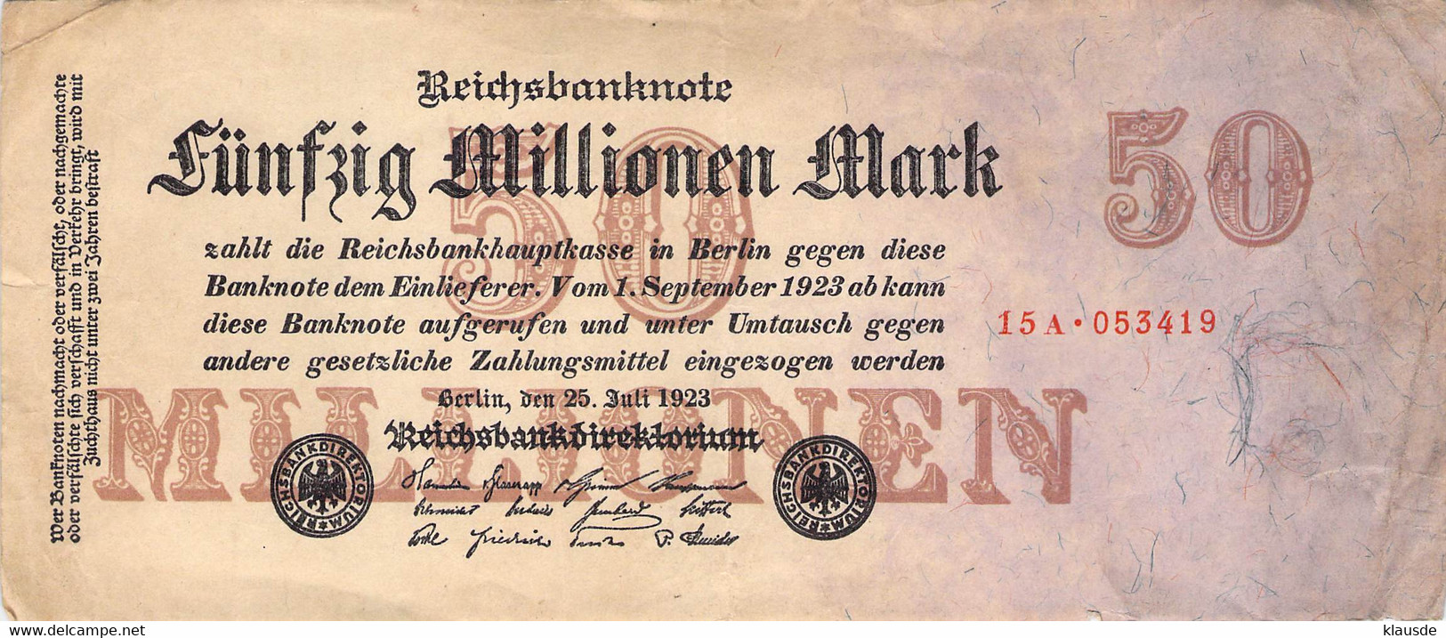 50 Mio Mark Reichsbanknote VF/F (III) - 50 Millionen Mark