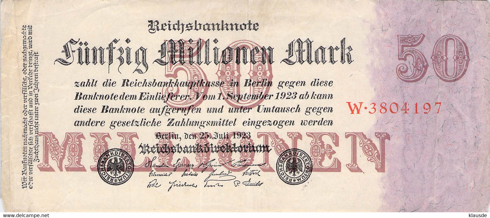 50 Mio Mark Reichsbanknote VF/F (III) - 50 Millionen Mark