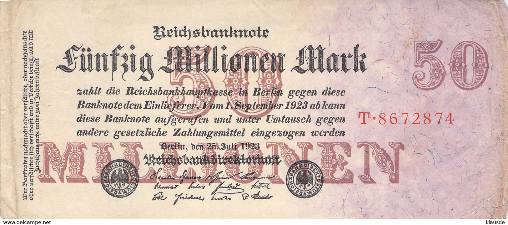 50 Mio Mark Reichsbanknote VF/F (III) - 50 Mio. Mark