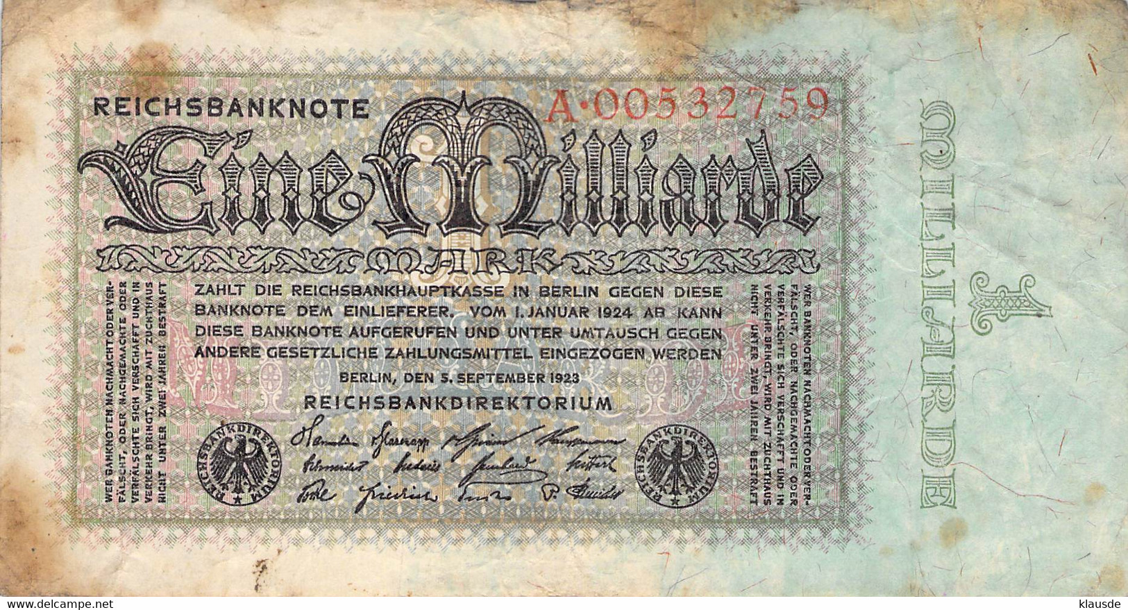 1 Mdr Mark Reichsbanknote VF/F (III) - 50 Millionen Mark