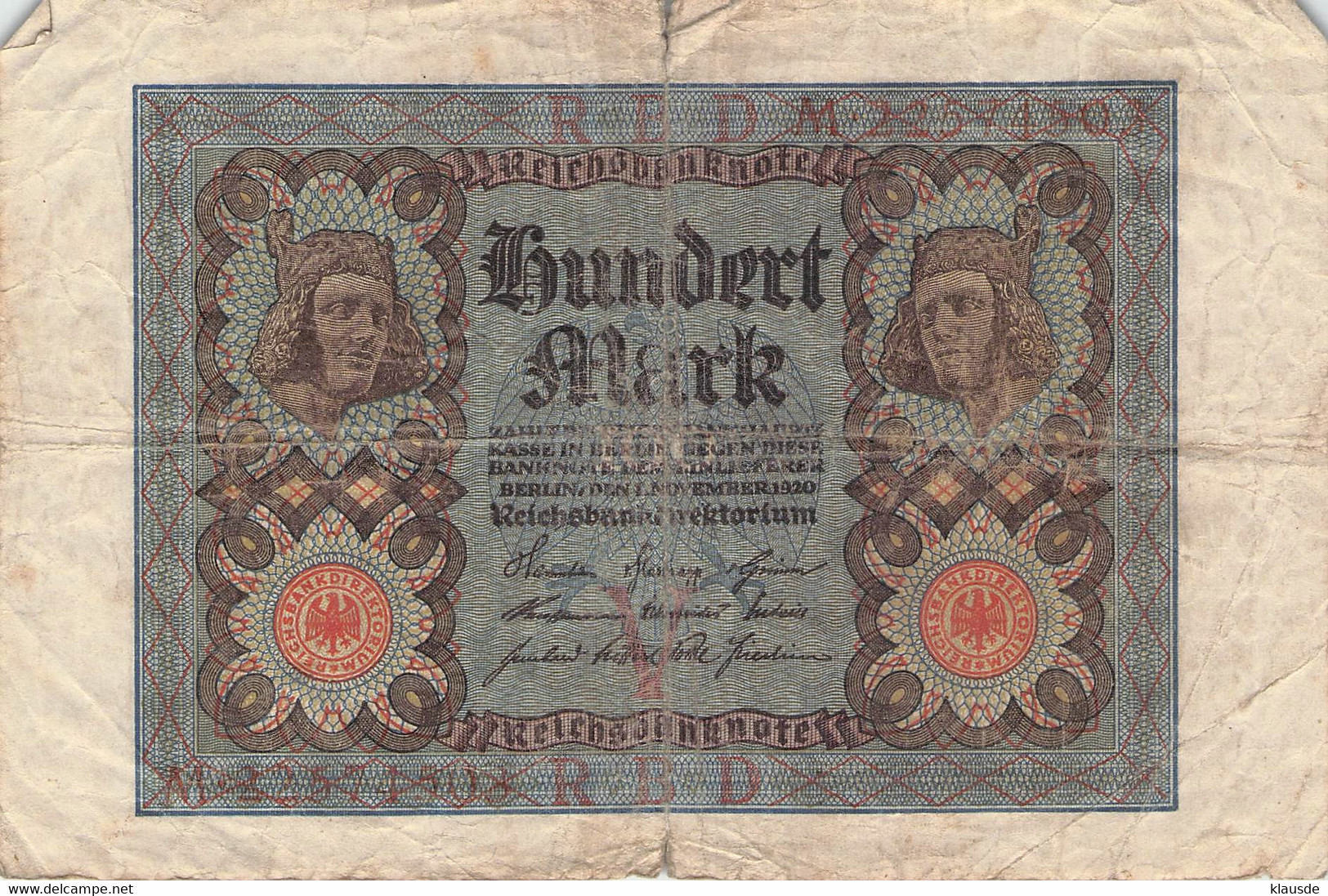 100 Mark 1920 Reichsbanknote VG/G (IV) - 100 Mark