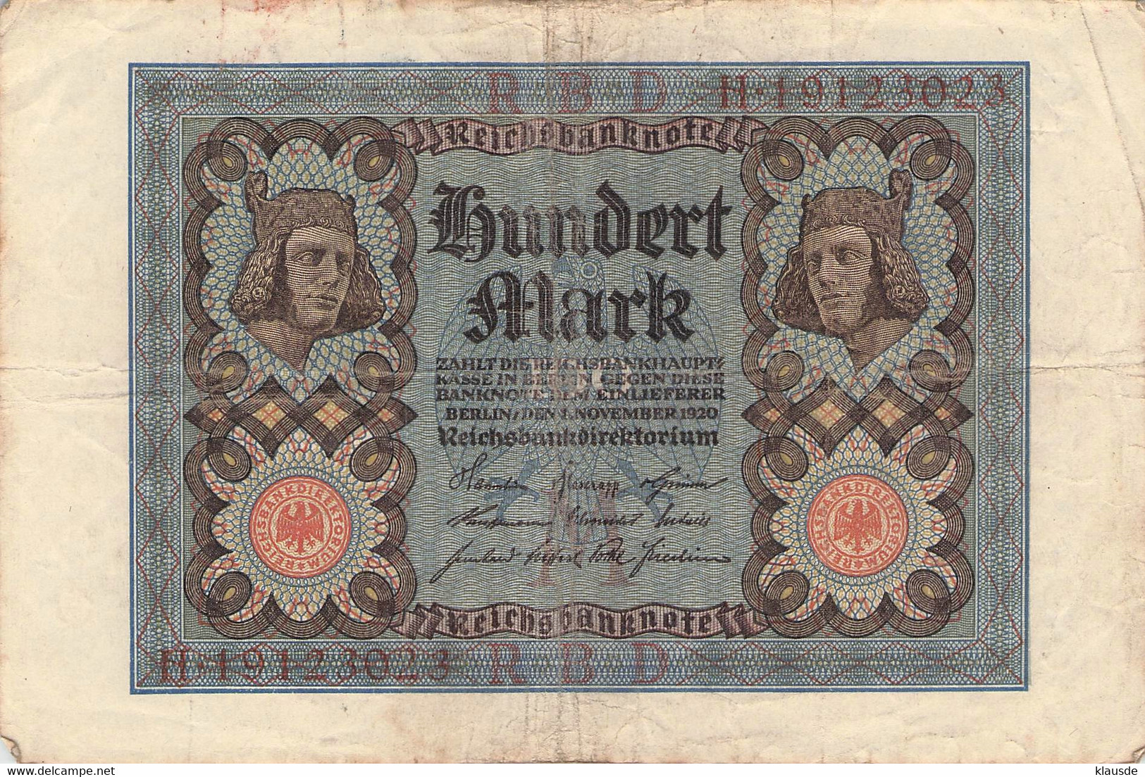 100 Mark 1920 Reichsbanknote VG/G (IV) - 100 Mark