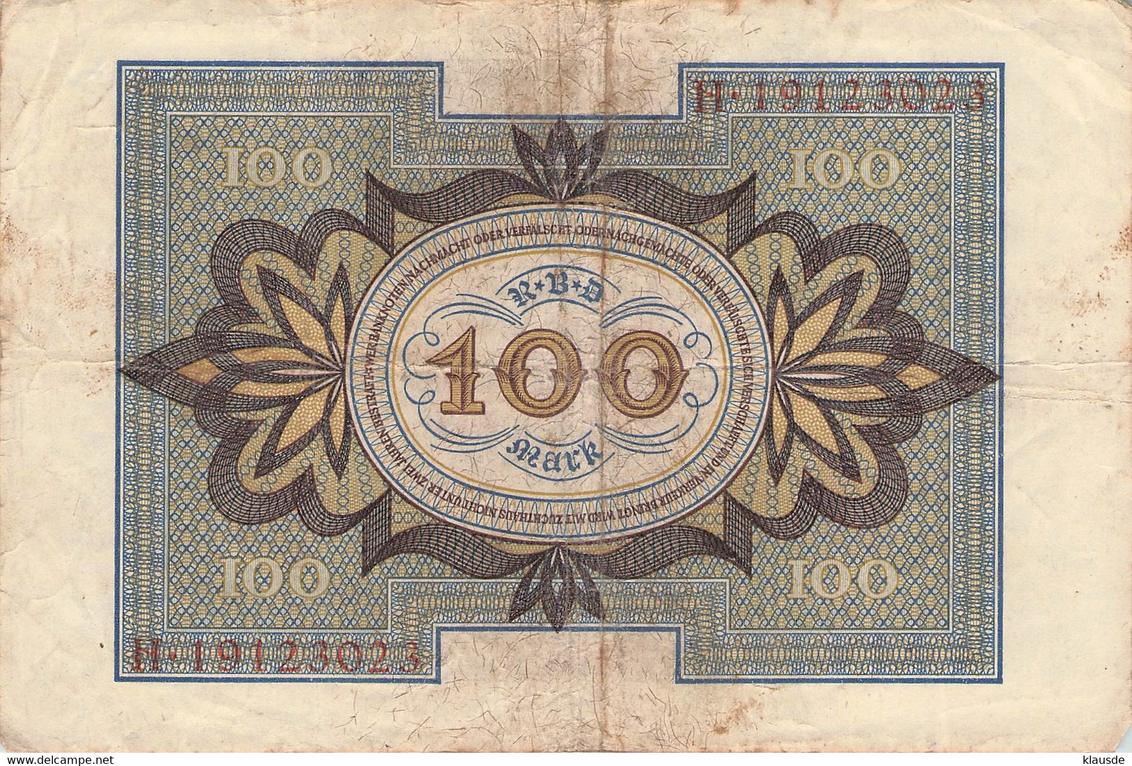 100 Mark 1920 Reichsbanknote VG/G (IV) - 100 Mark