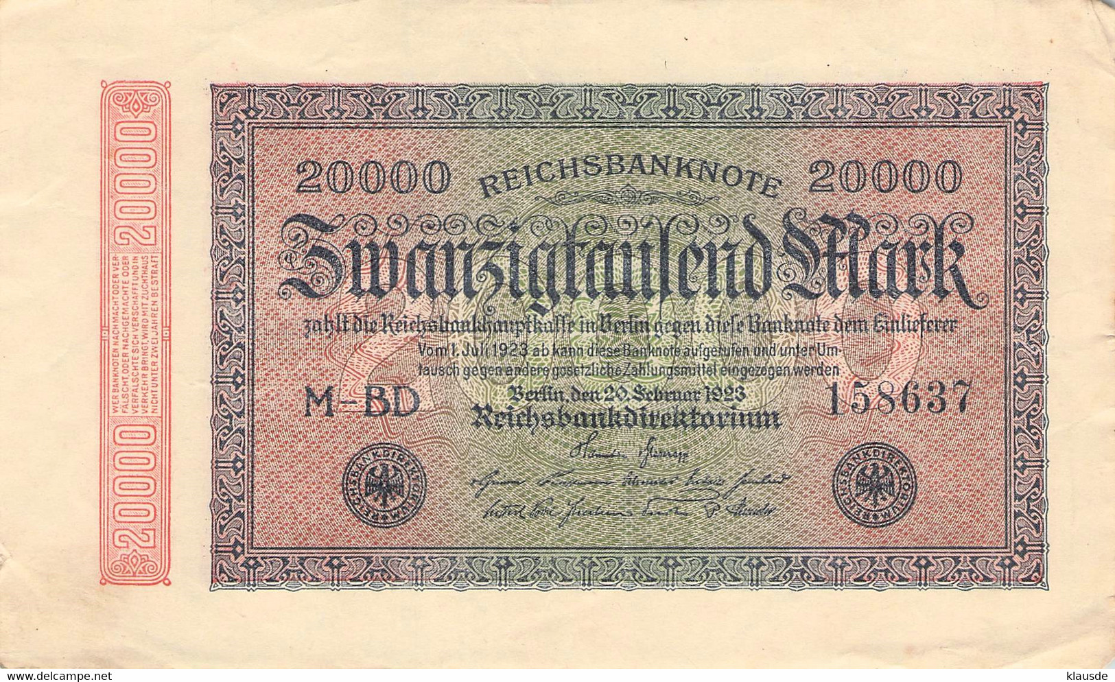 20.000 Mark 1923 Reichsbanknote VF/F (III) - 20000 Mark