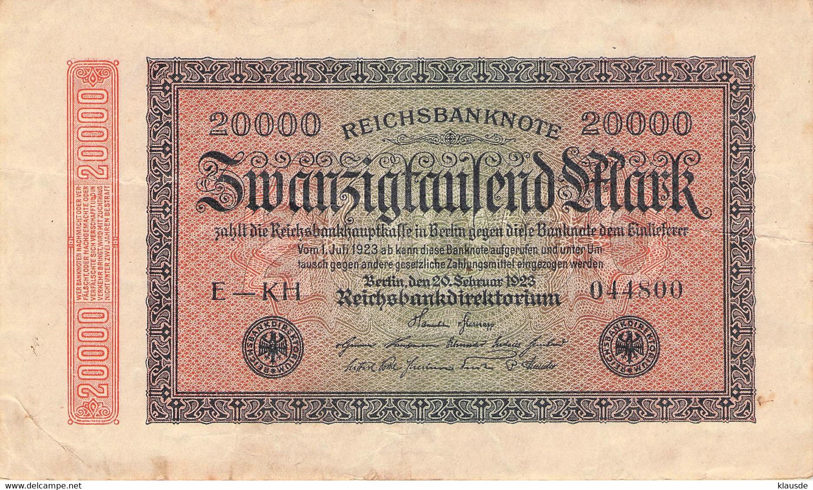 20.000 Mark 1923 Reichsbanknote VF/F (III) - 20.000 Mark