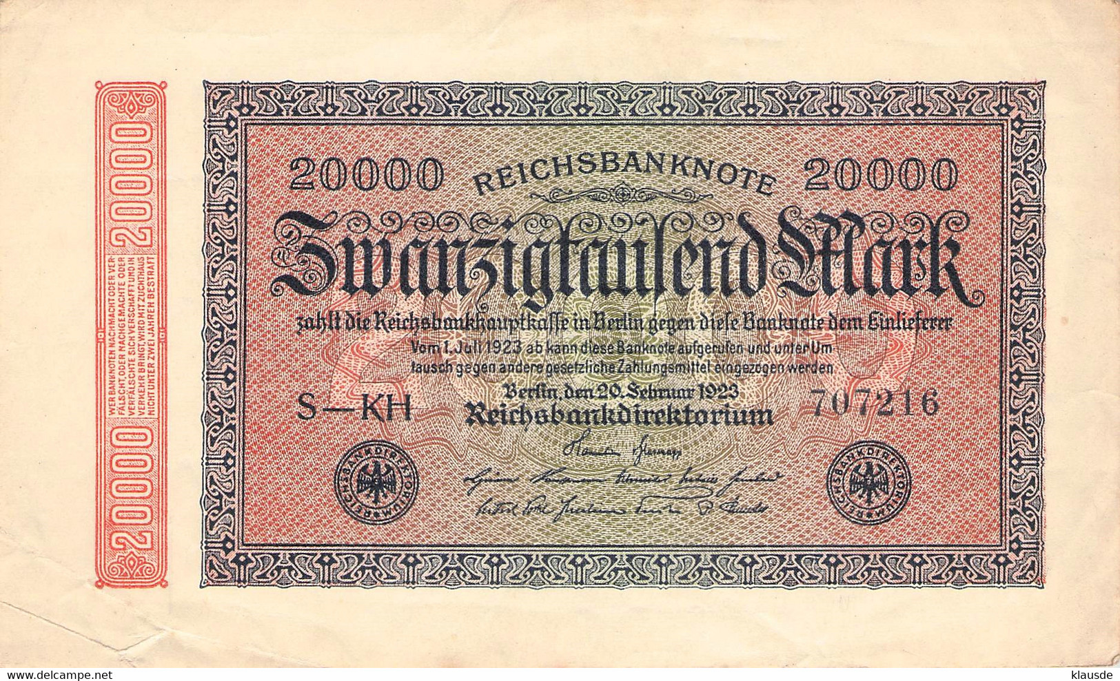 20.000 Mark 1923 Reichsbanknote VF/F (III) - 20.000 Mark