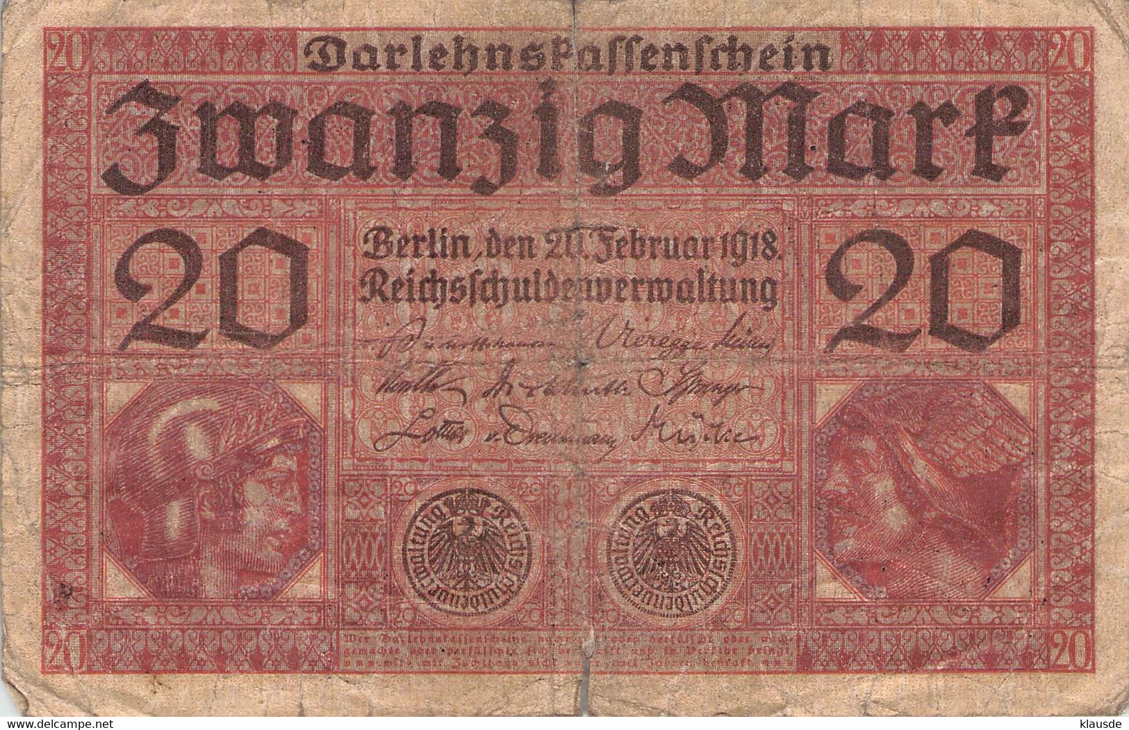 20 Mark 1918 Reichsbanknote IV/G (IV) Darlehenskassenschein - 20 Mark