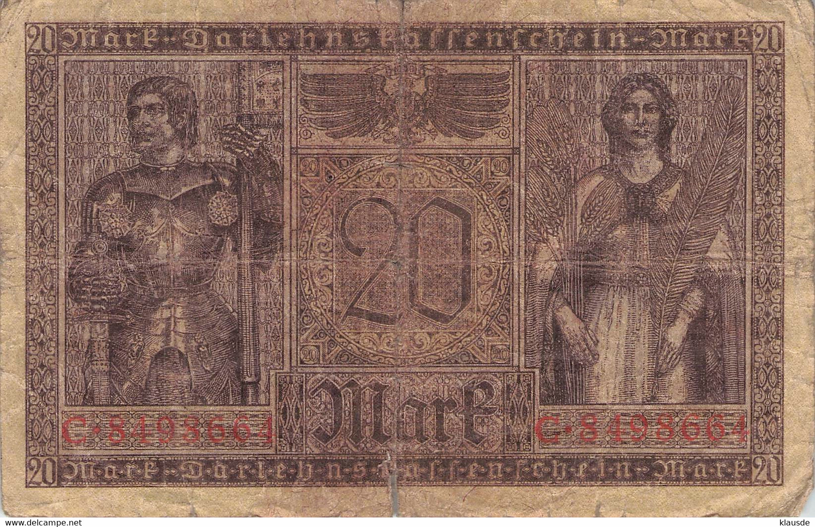 20 Mark 1918 Reichsbanknote IV/G (IV) Darlehenskassenschein - 20 Mark