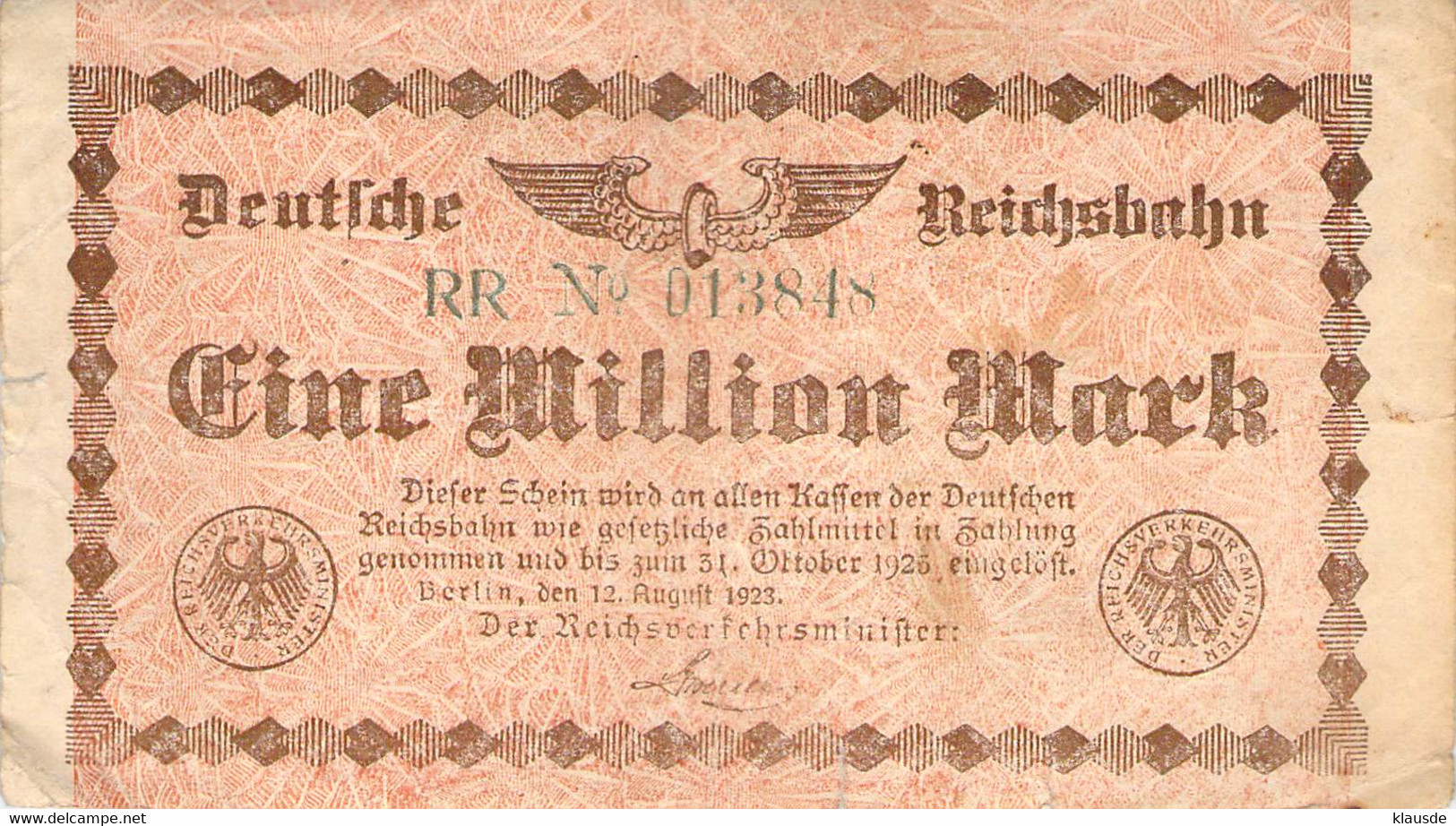 1 Mio Mark Deutsche Reichsbahn  (Berlin) VG/G (IV) - 1 Mio. Mark