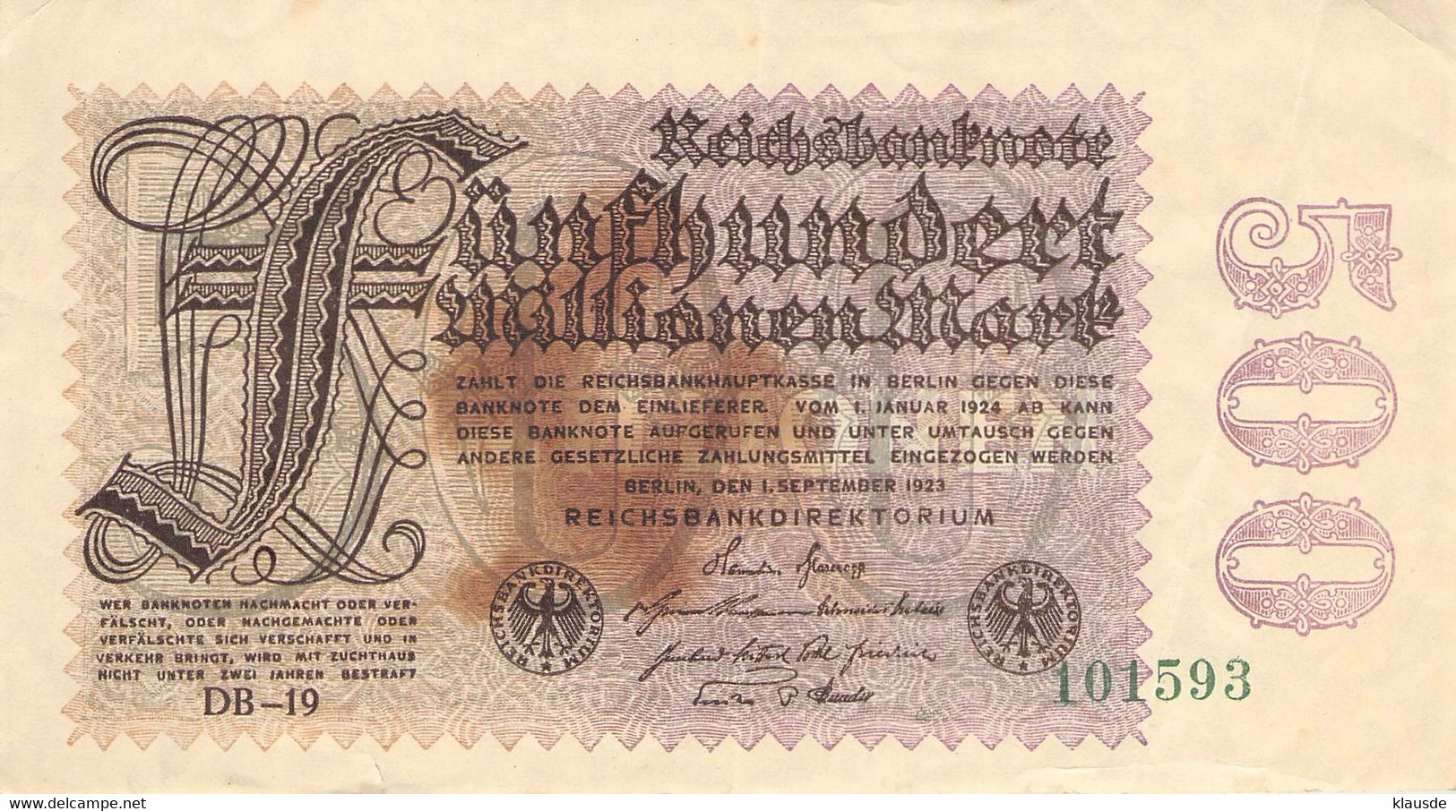 500 Mio Mark Deutsche Reichsbanknote VG/G (IV) - 500 Millionen Mark
