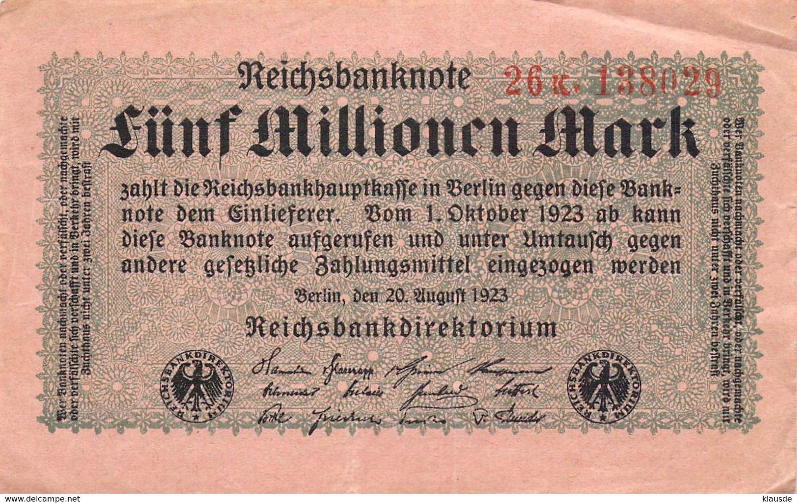 5 Mio Mark 1923 Deutsche Reichsbanknote VG/G (IV) - 5 Millionen Mark