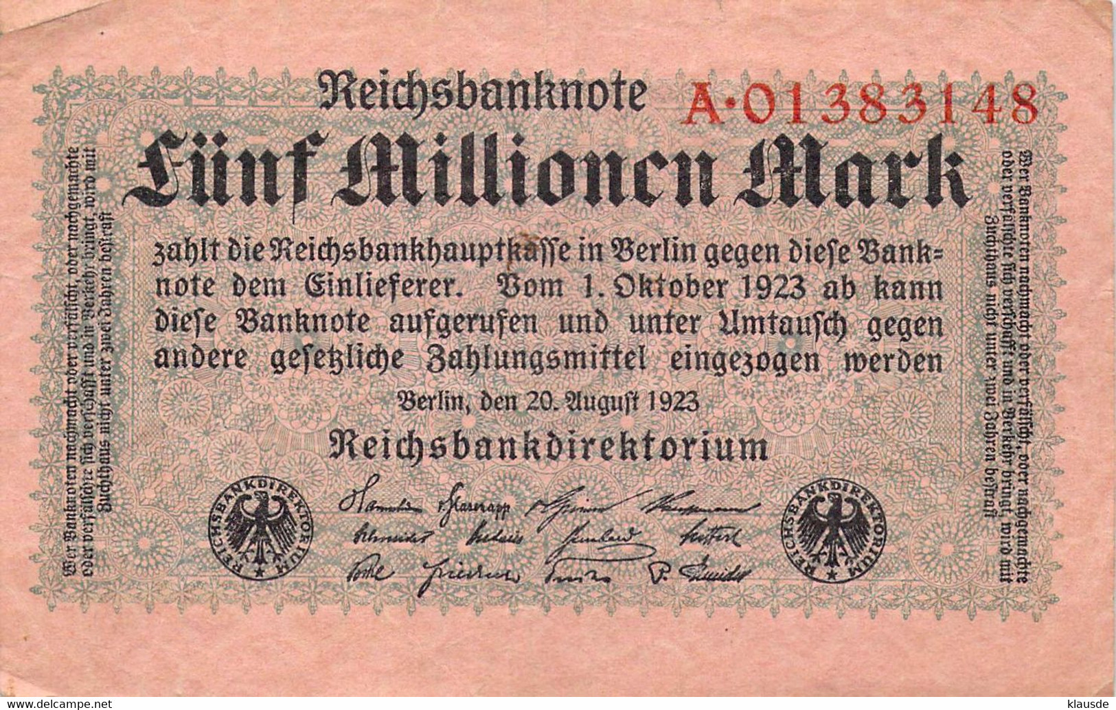 5 Mio Mark 1923 Deutsche Reichsbanknote VG/G (IV) - 5 Millionen Mark