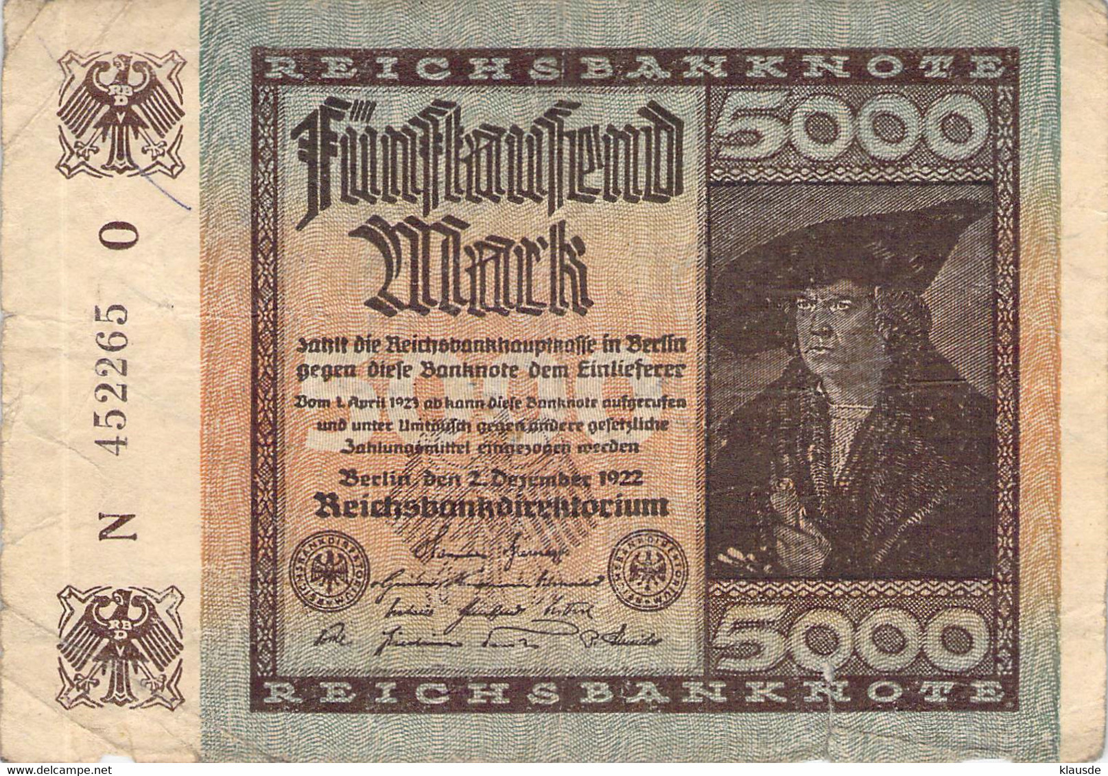 5.000 Mark 1922 Deutsche Reichsbanknote VG/G (IV) - 5000 Mark