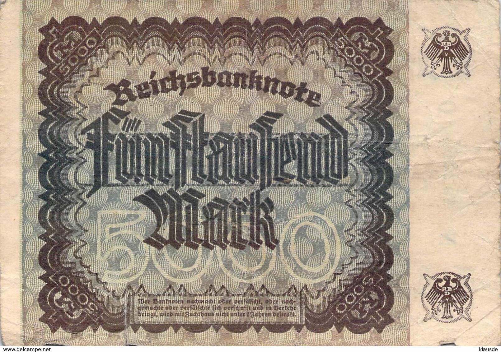 5.000 Mark 1922 Deutsche Reichsbanknote VG/G (IV) - 5000 Mark