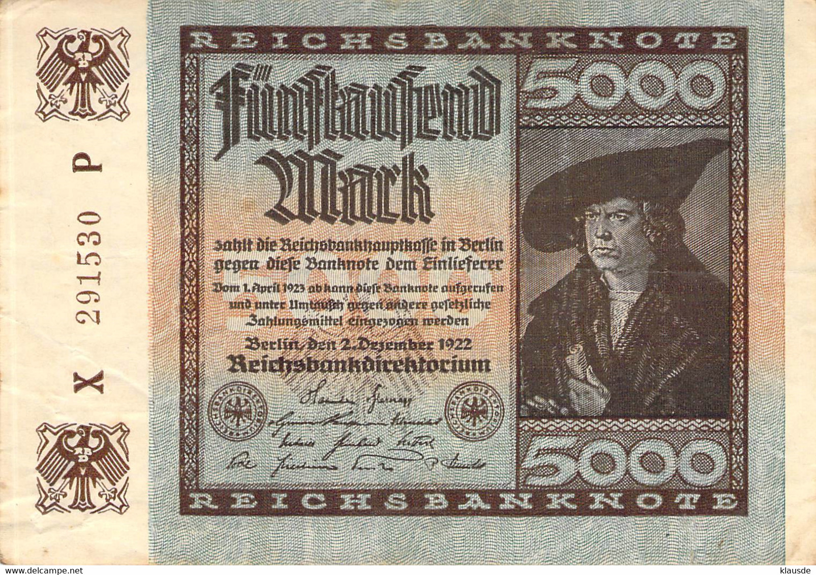 5.000 Mark 1922 Deutsche Reichsbanknote VF/F (III) - 5000 Mark