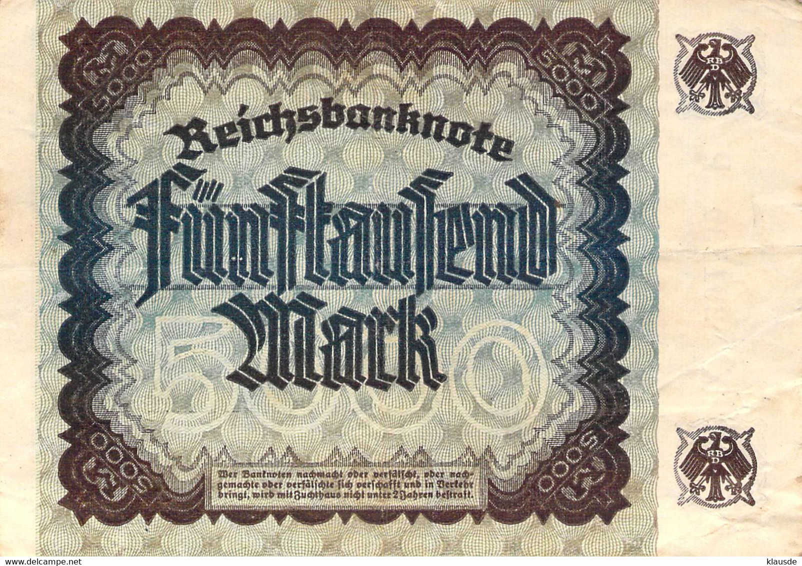 5.000 Mark 1922 Deutsche Reichsbanknote VF/F (III) - 5.000 Mark